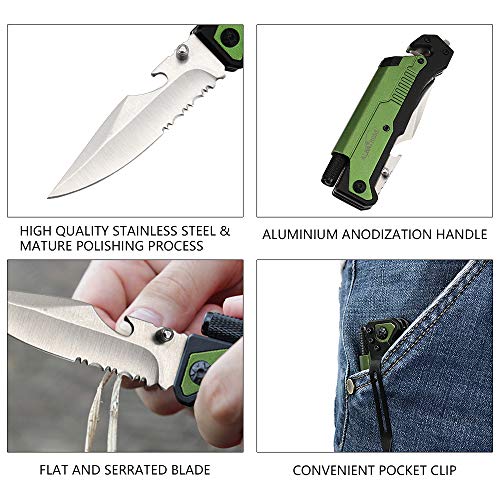 Albatross Best 6-In-1 Survival Tactical Military Folding Pocket Knives With Led Light,Seatbelt Cutter,Glass Breaker,Magnesium Fire Starter,Bottle Opener;Multi-Function Emergency Tool(Green/Satin) #TOP2
