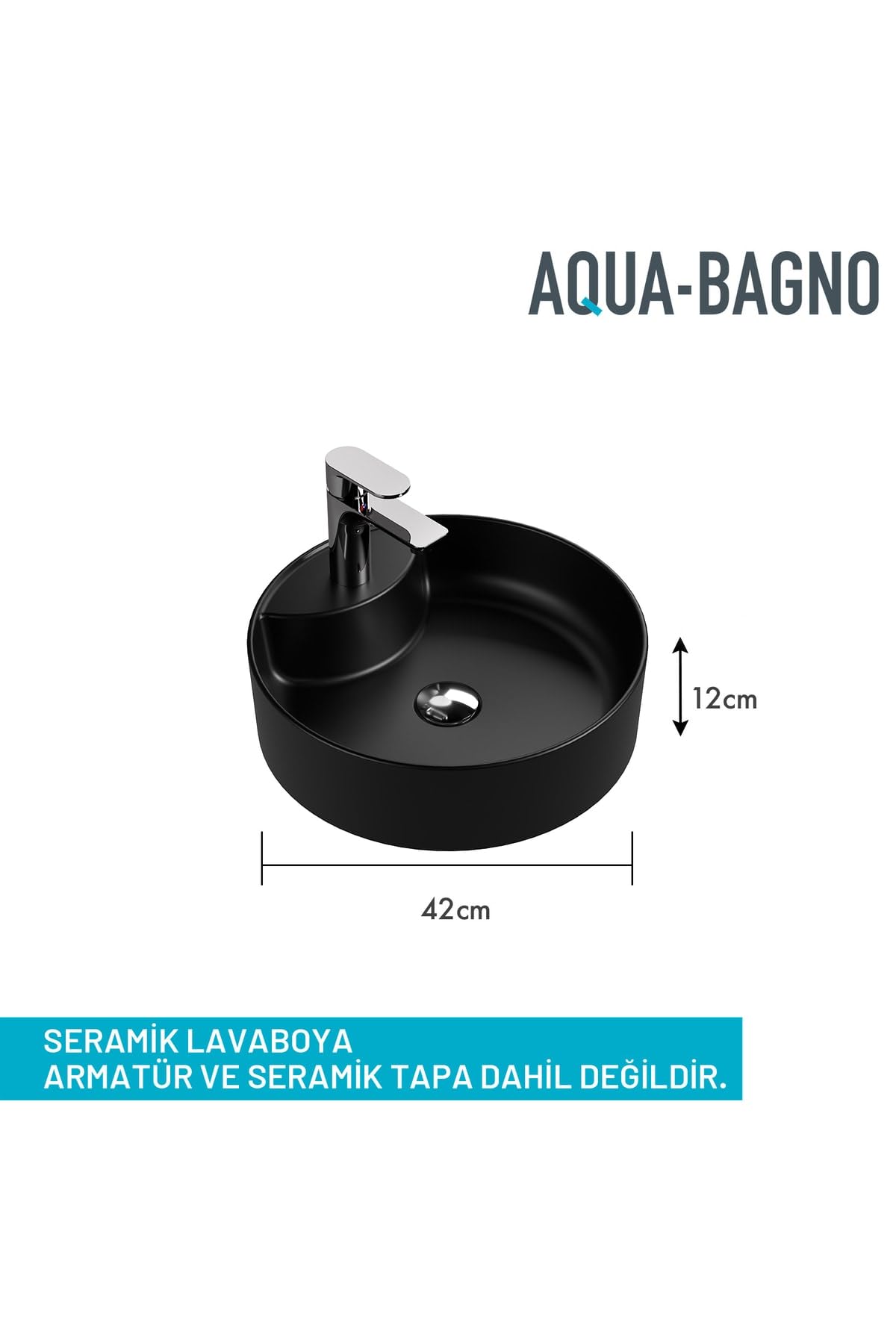 Aqua Bagno | Rundes Aufsatzwaschbecken mit Hahnloch schwarz matt, Keramikbecken, Handwaschbecken | 42 cm breit