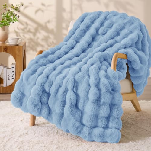 Image of BEDELITE Faux Fur Throw Bubble Blanket for Couch, 50 inch x 60 inch, Light Blue