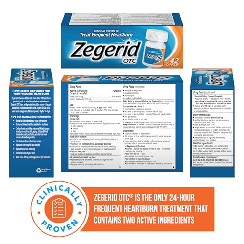 Image of Zegerid OTC Heartburn Relief, Omeprazole 20mg + Bicarbonate, 42 Ct | 24-hour frequent heartburn relief . Proton pump inhibitor with dual-ingredient formula . 42 capsules
