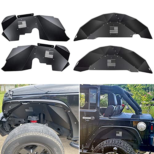 Front + Rear Inner Fender Liners Fit for Jeep Wrangler 2007-2018 JK JKU 4WD Lightweight Black Aluminum Splash Guards with US Flag Logo (4 PCS)
