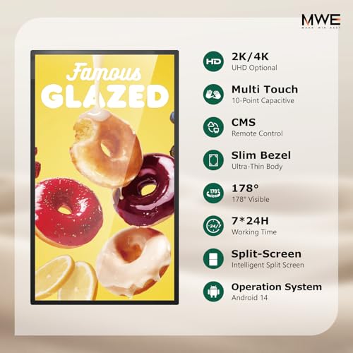 Image of MWE 21.5 inch Wall Mount Digital Signage, FHD Touchscreen Monitor Android 14, Multi-Touch Screen Smart Split, Commercial Advertising Display, Time Switch, CMS Management, HD-MI / USB / WiFi / for Windows