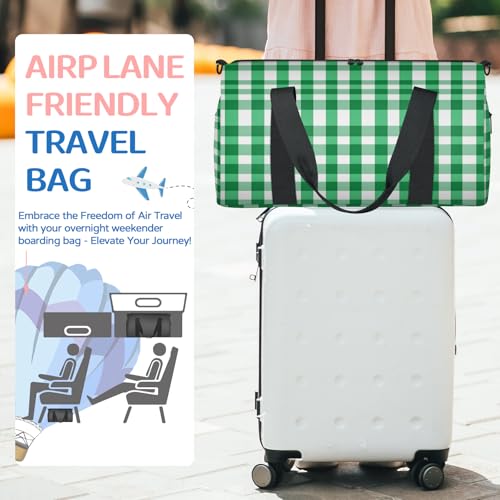 Green and White Checkered Gym Bag for Women, Duffle Bag for Travel Sport, Lightweight Waterproof Carry on Weekender Dance Yoga Workout Bags, Plaid Design3