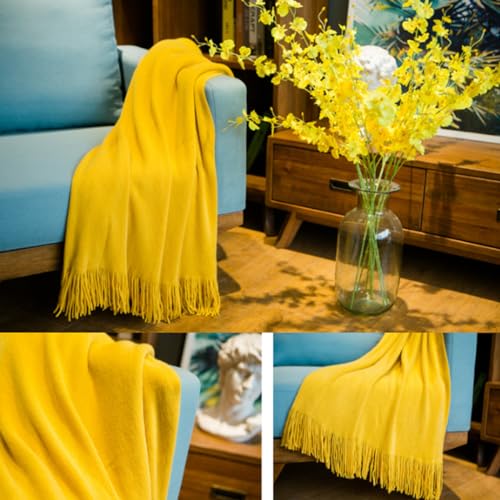 Plaid jaune uni Veemoon couverture décorative à franges style épuré pour maison - 7