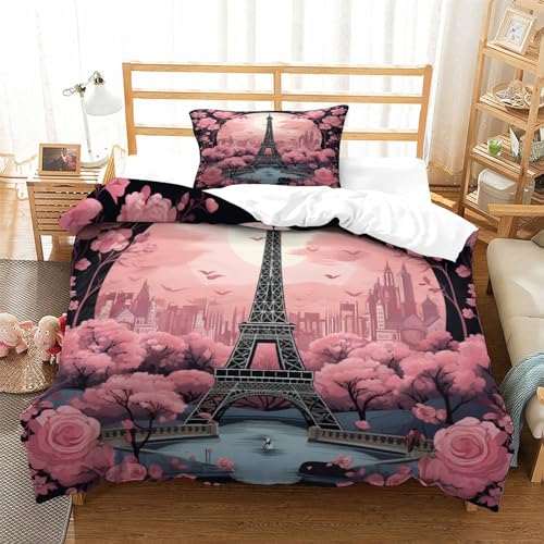 Ropa de cama de microfibra suave que no se deforma con diseño de Torre Eiffel rosa 3D 3