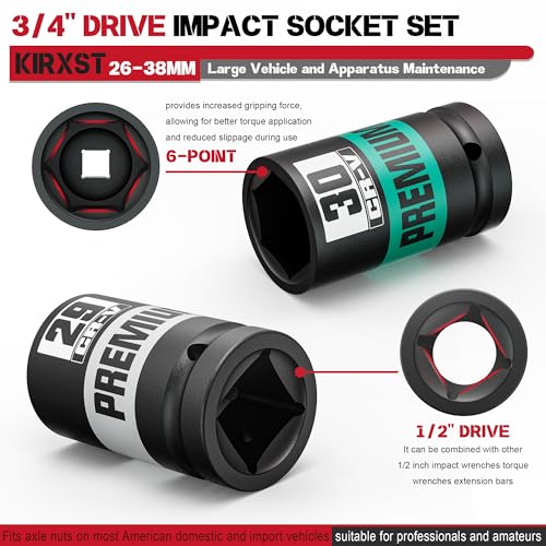 Image of 8 Piece 3 /4 inch Drive Impact Socket Set, Metric Axle Nut Sockets, 26-38mm Thicker Jumbo Sockets, Socket Set, 6 Point, Cr-V, Vehicle and Apparatus Maintenance