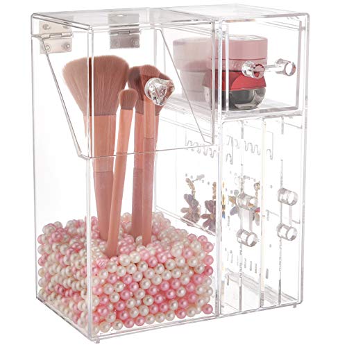 Makeup Brush Holder, Acrylic Makeup Organizer with 1 Large Brush Holder, 1 Drawer and 2 Jewrlry Board Dustproof Box with Free Pearl