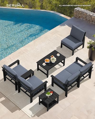 Image of SERWALL HDPE Outdoor Patio Furniture Set Outdoor Couch | All Weather Outdoor Sectional with Coffee Table & Side Table, Black Frame & Gray Cushions