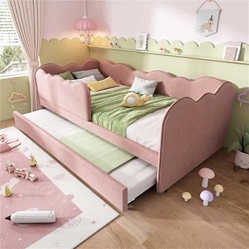 Upholstered Bed Daybed 90 x 190 cm, 3FT Single Bed with Pull out Trundle, Sofa Bed For Adults and Children, Single Daybed With Slatted Frame, Linen, No Mattress (Pink)