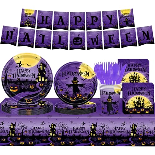 Les-Theresa Halloween Party Tableware Halloween Paper Plates and Cups Set 9 Scary Dinnerware Plates Halloween Paper Tablecloth Horror Party Decorations for Holiday Dinner Decors