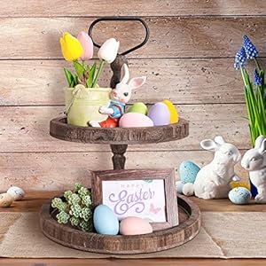 Mustry Rustic Wooden 2 Tiered Tray, Round Farmhouse Kitchen Table Decor Serving Tier Tray, Food Fruits Cupcake Display Coffee Bar Home Party Seasonal Decorations (Brown) Mustry Rustic Wooden 2 Tiered Tray Round Farmhouse Kitchen Table Decor Serving Tier Tray Food Fruits Cupcake Display Coffee Bar Home Party Seasonal Decorations Brown