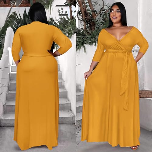 Image of Runwind Plus Size Dress for Women - 3 /4 Sleeve V Neck Maxi Dresses for Women (XL-6XL)