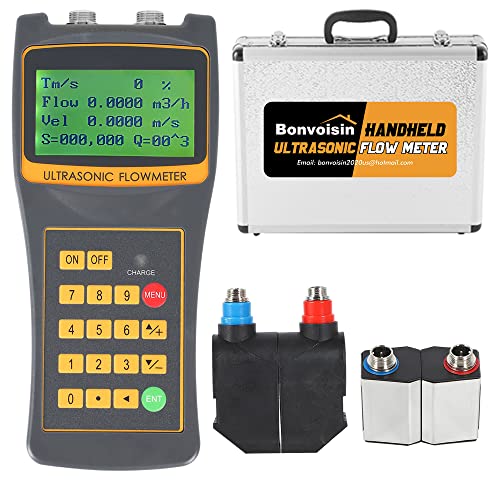 Bonvoisin Handheld Ultrasonic Flow Meter Portable Clamp on Flowmeter with Data Output S1+M2 Sensors for Seawater Alcohol Industrial Sewage DN15-700mm (1/2-28")