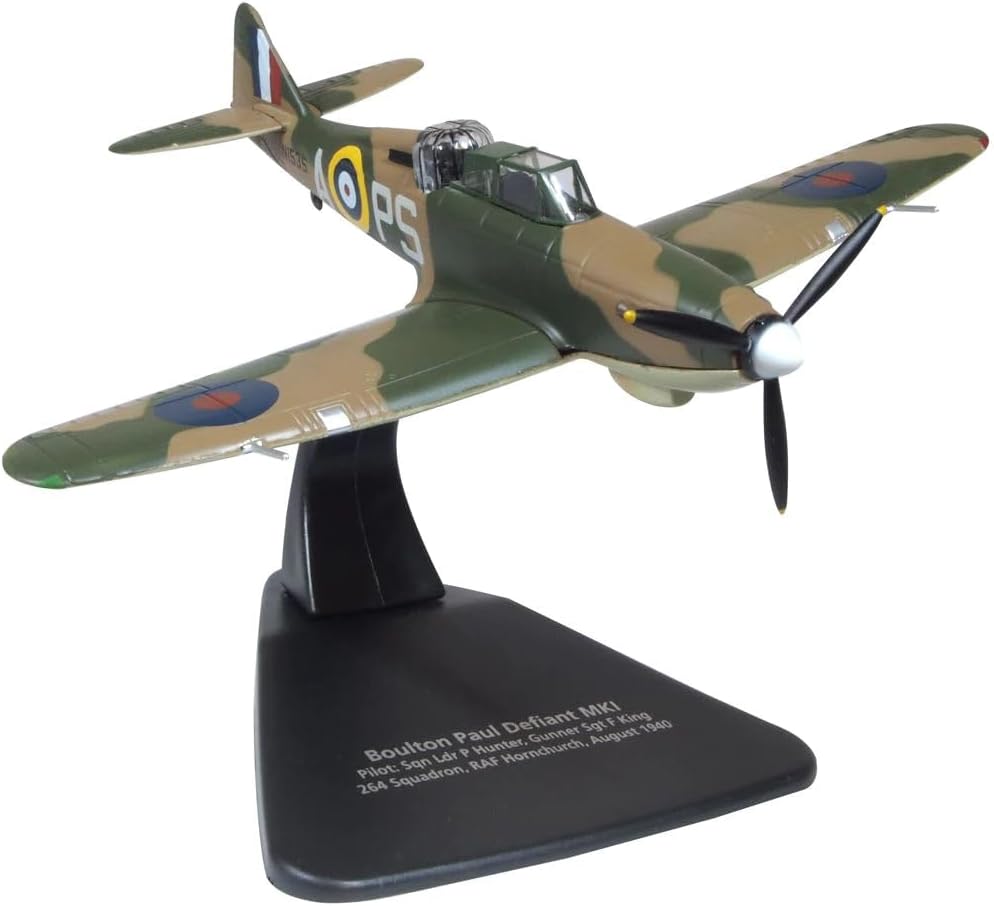 Oxford Diecast AC109 Boulton Paul Defiant 264 Sqn. RAF Hornchurch 1940 1:72 Scale Model Aircraft for Kids, Hobbyists, Model Builders