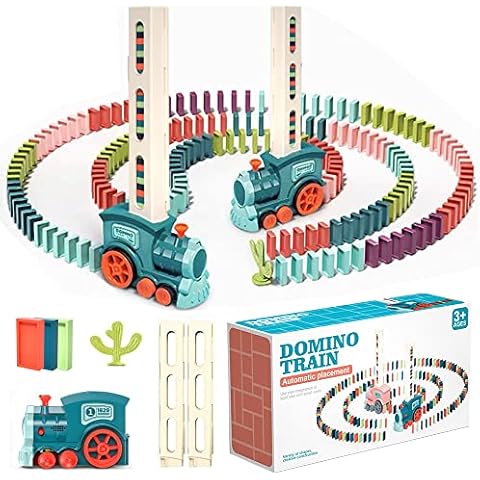 CLIUNT Domino Train Toy Set, Automatic Domino Laying Electric Train with Sound, 120 Pcs Domino Blocks, Kids Educational Construction and Stacking Dominoes Game for Boys Girls, (Blue, 120pcs Blocks) Cover