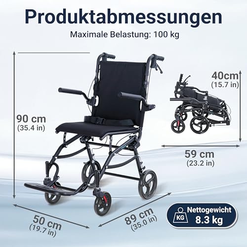 Rollstuhl Faltbar Leicht, Schmaler Transportrollstuhl mit Verstellbarer Höhe, Ergonomischen Griffen und 360° Rädern, Geeignet für Wohnung und Unterwegs (Schwarz)