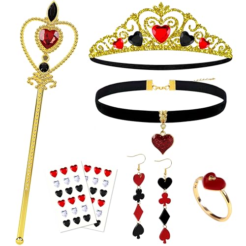 80UncleKimby 7Pcs Halloween Queen of Hearts Costumes Accessories for Women Crown Headband Scepter Wand Necklace Earring Tattoo Sticker Ring for Party Cosplay