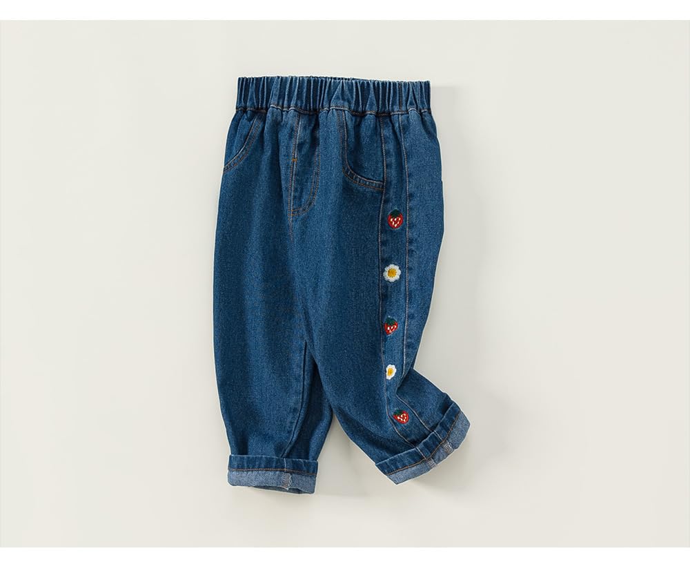 Boys Casual Jogger Elastic Jeans Embroidered Toddler Kids Fashion Loose Denim Pants with Pockets (Strawberry,90/18-24 M,Unisex,Big Kid,US,Age,18 Months,24 Months)