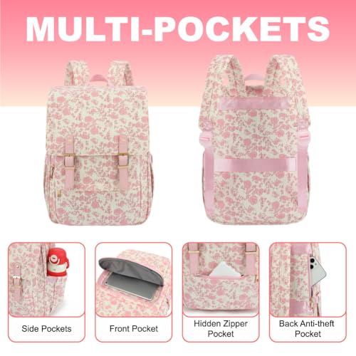 Image of Women Laptop Backpack, Corduroy 15.6 inch Travel Backpack for Work College Business, Teacher Nurse Bag with Large Capacity School Bookbag Bags for Girls - Flowers Pink