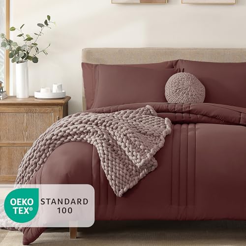 Image of Monbix King Size Comforter Set - 7 Pieces Bed in a Bag King, Dark Red Bedding Sets with Comforter, All Seasons Comforter Bed Set with Sheets, Pillowcases & Shams
