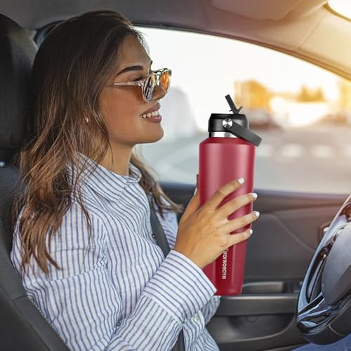 Image of HYDROWION 32 oz Insulated Water Bottle, Car Water Bottle Holder - Double Wall Vacuum Insulated Travel Bottle with Straw Lid, Spout Lid and Flex Cap - Cold for 24H, Hot for 12H, Blue - Red
