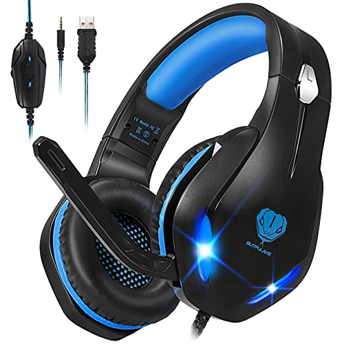Gaming Headset for PS5,Laptop,PS4,Xbox One,PC,Crystal Clear Sound Computer Gamer Headset with Noise Canceling Mic and LED Light Lightweight Comfortable Over Ear Headphones(Blue)