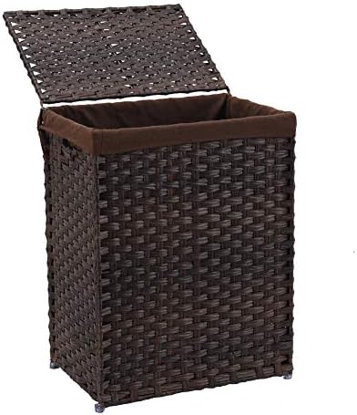 Mxfurhawa Slim Laundry Basket on Wheels, Heavy Duty Cotton Liner Laundry Storage Hamper with Handles, Collapsible Clothes Wire Basket Organizer Laundry Bag Beige (18.11 x 13 x 24.4 inches-B)