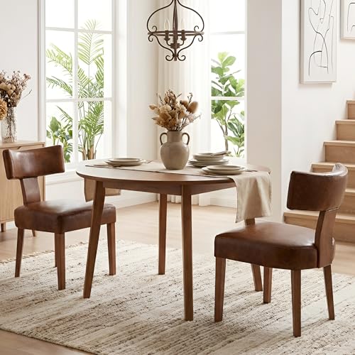 Image of HNY Mid Century Modern Dining Chairs Set of 2, Farmhouse PU Leather Upholstered Accent Chair Curved Backrest Kitchen Chairs, with Hardwood Frame, Brown