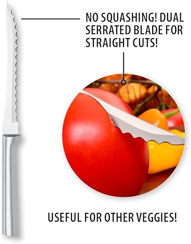 Vista 4 de Rada Cuchillo rebanador de tomate (R126), hoja dentada hueca de acero inoxidable de 5 pulgadas, fabricado en Estados Unidos, mango plateado, paquete