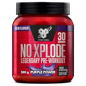BSN Nutrition N.O.-Xplode Pre Workout Powder Food Supplement, Energy and Focus support with Caffeine, Amino Acids, Vitamin C and Zinc, Purple Power Flavour, 30 Servings, 390g (Packing May Vary)