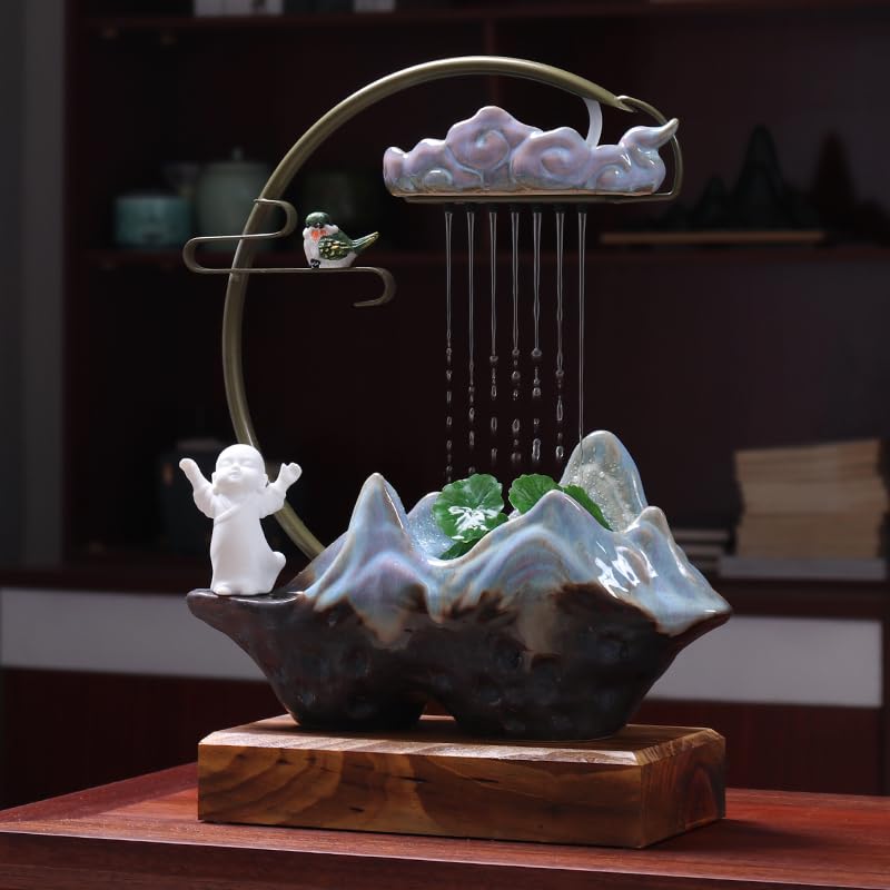 Fuente Decorativa de jardín, Fuente de Agua con Cascada, de cerámica, con función humidificadora, Bomba de Agua, Feng Shui Zen, decoración para salón, Dormitorio, Oficina, 32 x 12 x 40 cm