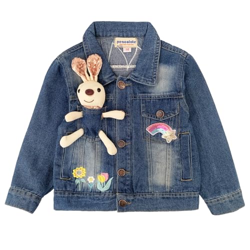 Peaoclate 3-10Years Little Big Girls Embroider Rabbit Long Sleeve Denim Jacket(Rabbit,9-10Years)