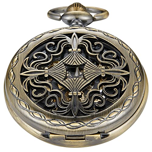 Image of Bronze Retro Mechanical Pocket Watch Skeleton Roman Numerals Hollow Mechanical Pocket Watches with Box
