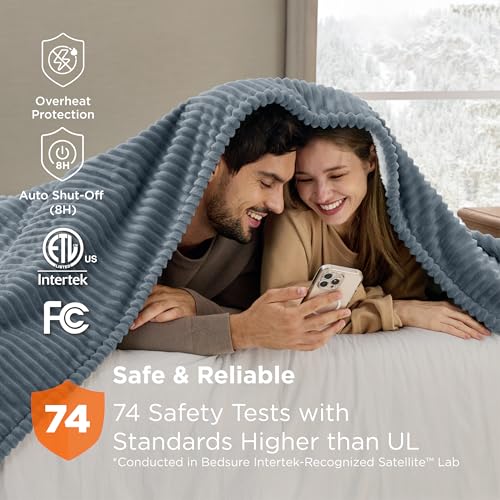 Image of Bedsure GentleSoft Electric Blanket Queen Size - Soft Ribbed Flannel Heated Blanket with Dual Control, Heating with 10 Heat Settings & 10 Time Settings, 8 hrs Timer Auto Shut Off (84x90 inches, Grey)
