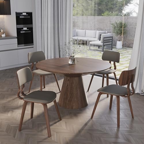 LeisureMod 5-Piece Round Dining Set, Walnut Wood Table and 4 Light Grey Leather Dining Chairs, Modern Kitchen and Home Furniture - Image 3