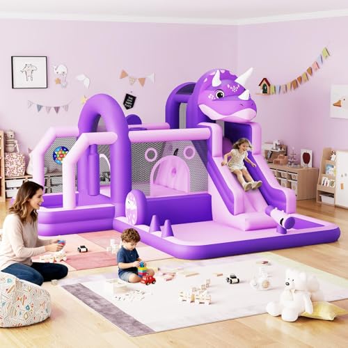 Bounce House, Inflatable Dinosaur Bouncer with Slide and Air Blower, Oxford Cloth Jumping Castle for Kids, Durable Sewn Bouncy House with Large Play Area for Backyard, Indoor & Outdoor, Purple