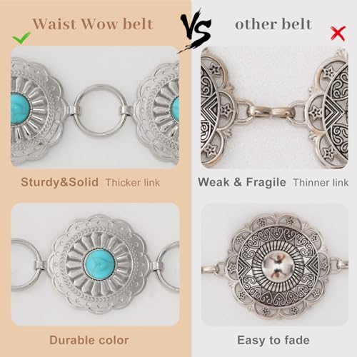 Waist Wow Western Metal Concho Chain Belt for Women Cowgirl Belts for Dresses Jeans Country Concert Outfit,sunflower green turquoise silver — view 5