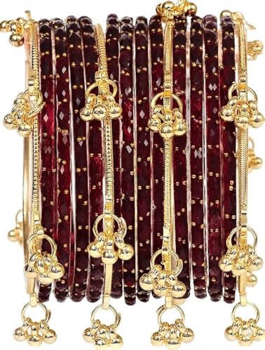 Image of JPS 16 Pcs Trendy Stylish Glass & Kashmiri Ghungroo Bangles Set for Women & Girls | Gold-Plated Traditional Festive Wedding Party Jewellery Chudi Set (12 Glass + 4 Metal)