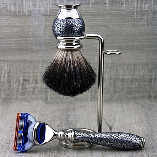 Haryali London Silver Antique męski zestaw do golenia z 5-kątnym brzytwą, czarnym pędzlem do golenia dachowego, stojakiem na golenie i ołówkiem Alaun.