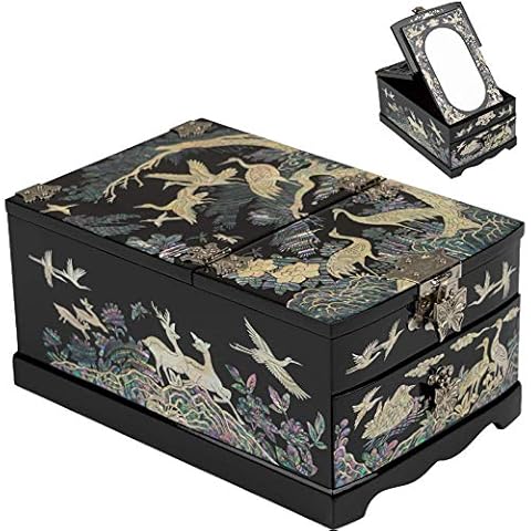 February Mountain Korean Mother of Pearl Vintage Jewelry Box with Crane and Pine Tree Elegance – Perfect Gifts for Women's Birthday Christmas Anniversary Mother's day Cover