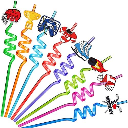 Gueevin 24 Pcs Ice Hockey Straws Twisty Curly Party Drinking Straws Colorful Ice Hockey Sports Party Favors Reusable Crazy Straws for Kids Adults Game Supplies Decorations with 2 Pcs Cleaning Brushes