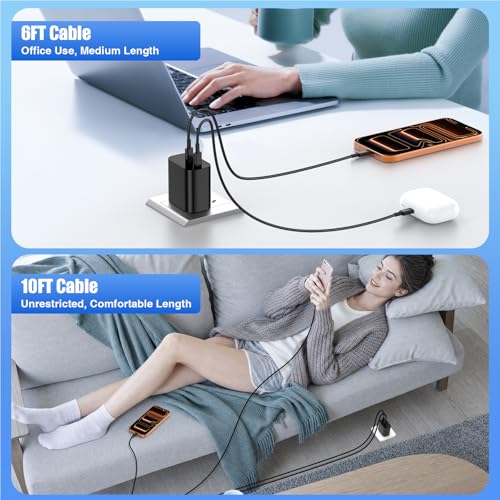 Image of Dual Port Type-C Fast Charger 60W(in total) for Samsung Galaxy S26 Ultra, 6 /6 /10 /10FT PD3.0 USBC Fast Charging Cable /Cord for Galaxy S26 S25 S24 S23 S22 Plus,Android Phone, iPhone 17 /16 /15 Pro Max,Tab