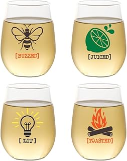 Set of 4 Shatterproof Designer 16 oz Plastic Wine Glasses MADE in the USA (BUZZED)