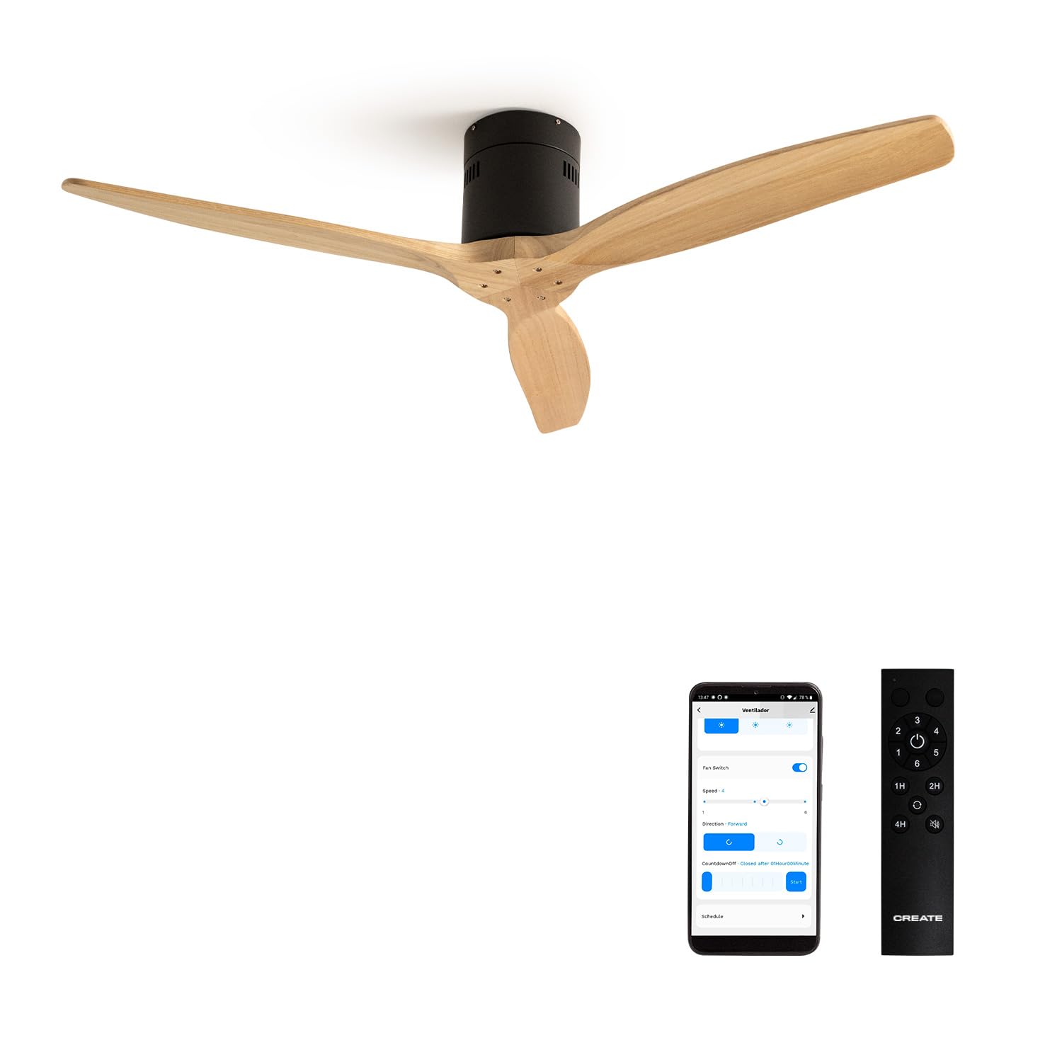 CREATE / WINDCALM NATURAL WOOD M/Ventilador de techo negro aspas madera clara con Wifi y mando / 40W, Temporizador, Ø132 cm, 6 velocidades, silencioso, función verano-invierno