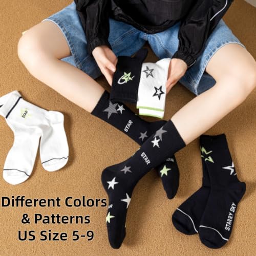Image of Star Socks 5-Pairs Cute White Black Colorful Star Women's Soft Cotton Rib Mid-Calf Socks