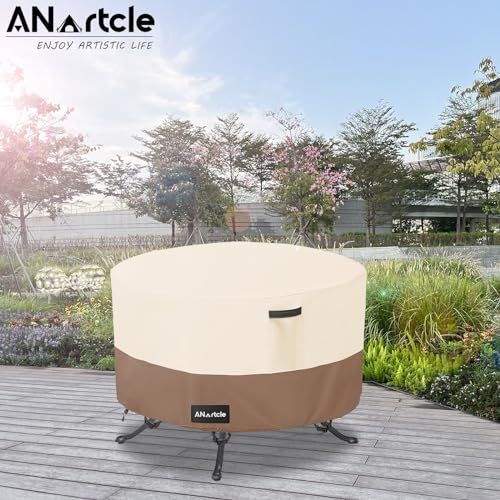 Image of ANartcle Round Patio Table Covers 50inch,100% Waterproof 600D Heavy Duty PatioTable Cover,Round Patio Table Covers for Outdoor Furniture,50 inchDIA x 23 inchH,Beige&brown.