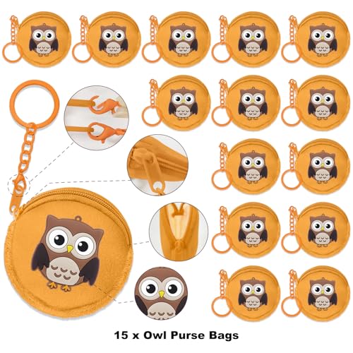 15 Pack Owl Mini Coin Purse with Keyrings for Woodland Animals Birthday Party, Owl Themed Goodie Bag Stuffer, Present for Friends, Creative Souvenirs, Khaki2