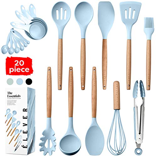 Kitchen Utensils Set - 9 Silicone Cooking Utensils for Non-stick Cookware. Wood Kitchen