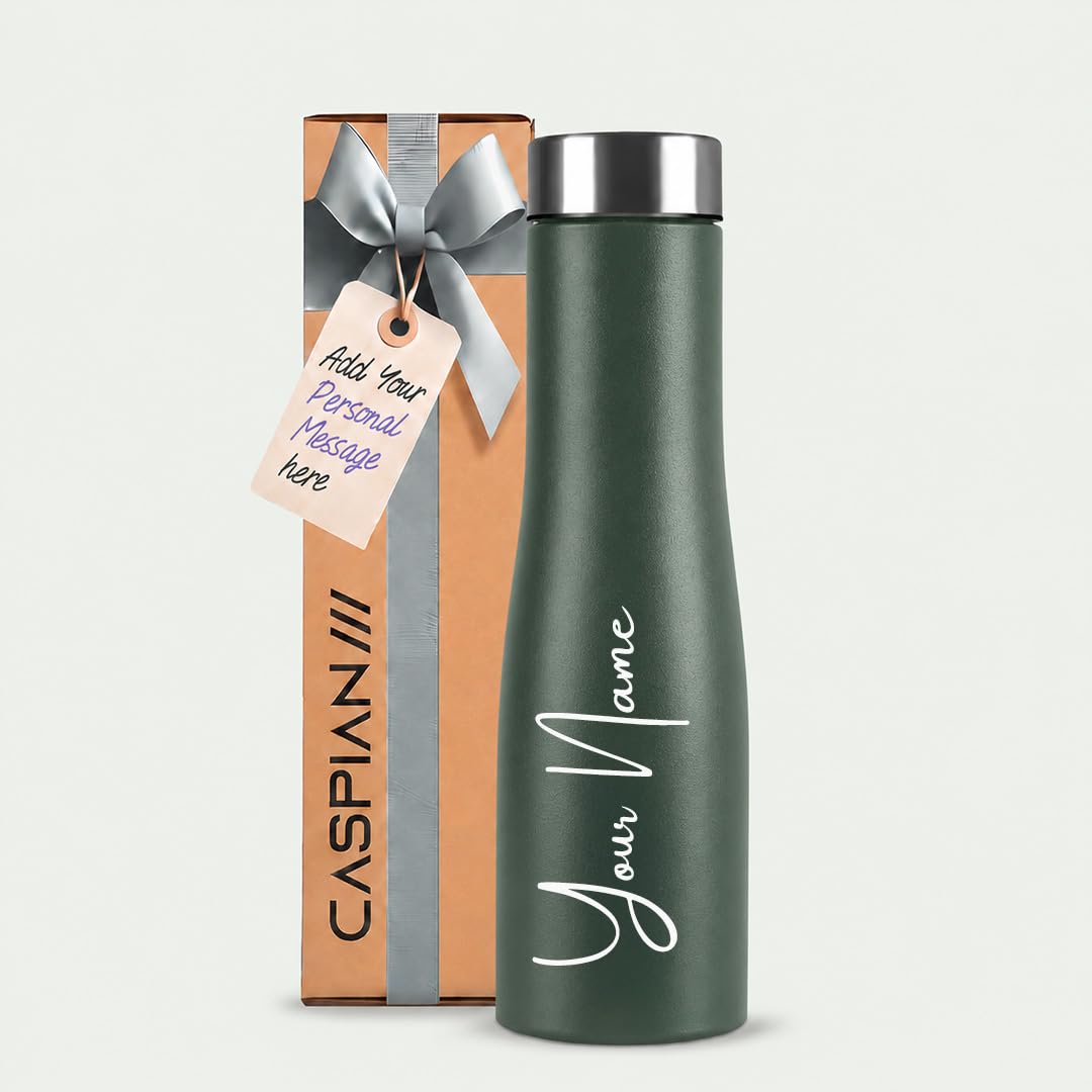 Caspian Aqua Customised Stainless Steel Water Bottle 1L, M Green with Logo Print - Personalised Water Bottle with Your Name Print for Kids Boys Girls School Office Gym- Perfect for Corporate Gifting