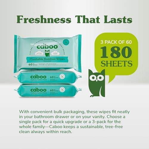 Image of Caboo Mint Flushable Wipes, Certified Flushable, Septic Safe, Chemical Free, Biodegradable Wipes for Adults made with Renewable Bamboo Based Viscose (Pack of 3, Total of 180)